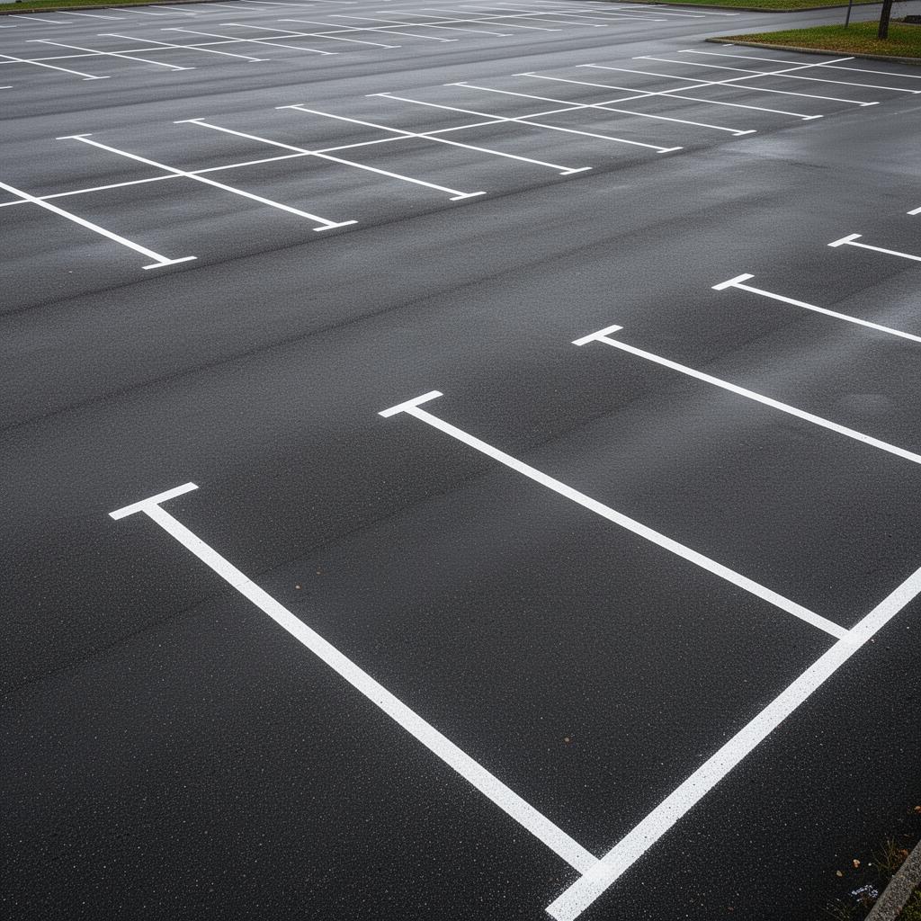Nymålade parkeringsrutor med vita linjer på svensk parkeringsplats